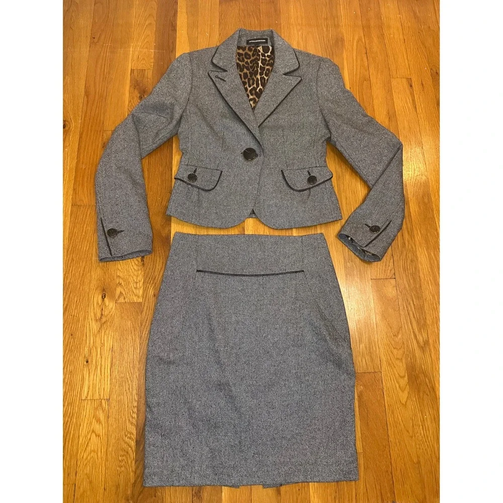Express Design Studio Grey Herringbone Wool Skirt Suit Leopard Lining Size 2